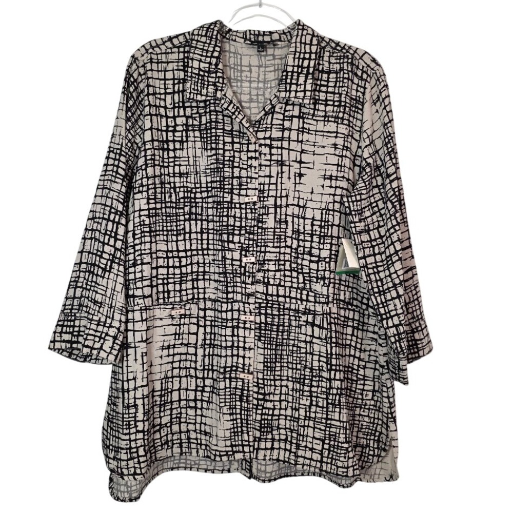 John Mark Womens Large Tunic Natural Black Grid Abstract 3/4 Sleeve J28104BM NWT